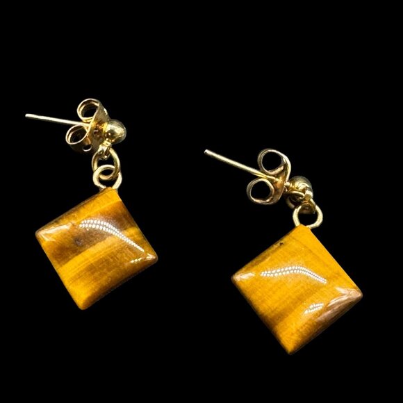Vintage Small and Dainty Genuine Tiger's Eye Pierced Stud Dangling Earrings - Picture 1 of 5